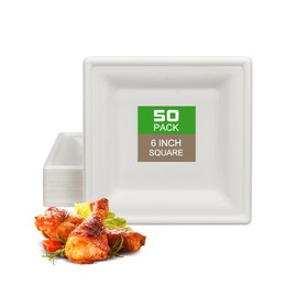 CVIUYO 6 inch 50 Pack Disposable Paper Plates, 100% Biodegradable Heavy Duty Square Paper Plates, Eco-Friendly Compostable Sugarcane Dinner Plates for Picnic Wedding Party BBQ Christmas