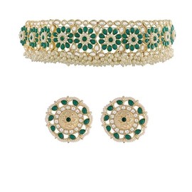 I Jewels Womens 18K Gold Plated Indain Wedding Bollywood Kundan & Pearl Studded Choker Necklace Jewellery Set (K7208G) Green