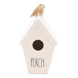 Rae Dunn by Magenta Perch Ceramic LL Decorative Slant Roof Birdhouse with Burlap Ribbon & Bird Sketch Icon