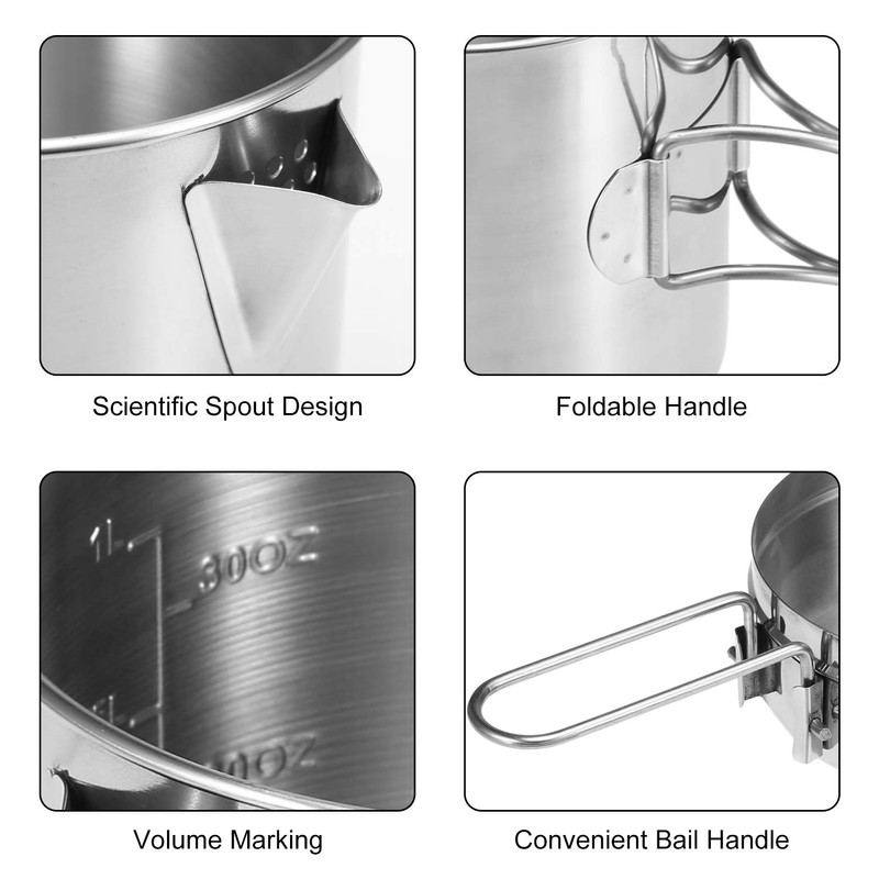 HUIOP 1L Stainless Steel Cooking Kettle Portable Outdoor Camping Backpacking