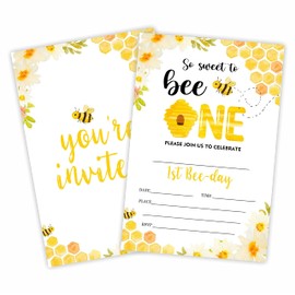 Sweet To Bee One! First Birthday Party Invitation, 1St Honey Bee Invite Cards（20 Count) With Envelopes, Fill In Style Invite Cards For Boys, Girls, Kids, Birthday Party Supplies-A30