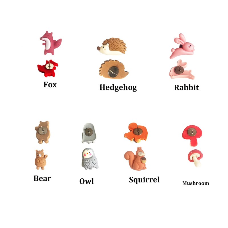 Animal Push Pins (Squirrel,Fox,Hedgehog,Rabbit,Bear,Owl,Mushroom) - Cute Resin Thumb Tacks for