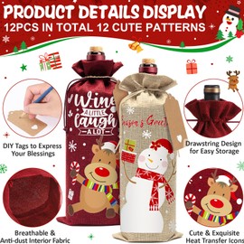 12Pcs Burlap Wine Bags Christmas Wine Gift Bags for Wine Bottles Gifts, Christmas Wine Bottle Bags with Drawstring Holiday Wine Bags, Christmas Wine Bottle Covers for Xmas New Year Holiday Party Decor