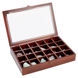 BENECREAT 24 Grid Brown Jewelry Tray Box, Wood Adjustable Display Case Rectangle Organizer Holder with Lid for Seashell, Collectibles, Rock, Festivals Gift Women