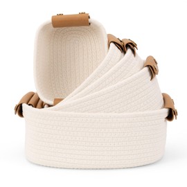 Beautiful Storage Basket Set of 5 - Sturdy Cotton Rope Baskets for Shelves Are Perfect for Organizing Your Home - Quality Storage Bins Easily Fit With Any Bathroom, Nursery or Bedroom Decor