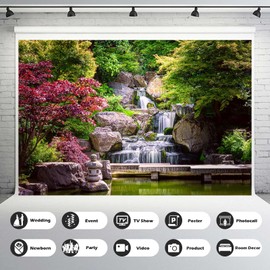 Japan Garden Landscape Backdrop Retro Style Park View Photography Background Waterfall Maple Trees Backdrop Bridge Kyoto Garden Travel Children Adult Portrait Photo Studio Props Vinyl 7x5ft