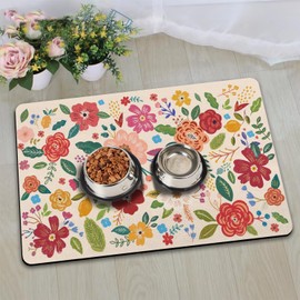 Dog Food Mats for Floors, Absorbent and Quick-Drying Pet Cat Food Mat,Anti-Fouling and Easy-to-Clean Pet Feeding Mat,Dog Bowl Mat for Messy Drinking Water Bowls.12 x20,Floral White