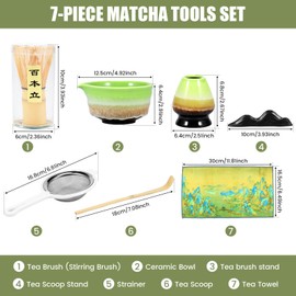7Pcs Japanese Matcha Tea Set Matcha Making Starter Kit with Ceramic Bowl/Tea Whisk/Tea Whisk Stand/Tea Scoop/Tea Scoop Holder/Strainer/Tea Towel for Matcha Tea Making(Green Kiln Change)