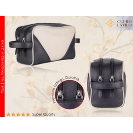 Cuero Estilo Vegan Leather Travel Organizer – Stylish & Water-Resistant, Dual Zipper Compartments, Multiple Pockets., Off-white and Black, Travel Organizer