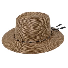 JK Home Panama Fedora Hats Trilby Straw Summer Sun Hat, Wide Brim Foldable Women Men One Size, UPF 50+ Beach Cap Coffee Khaki