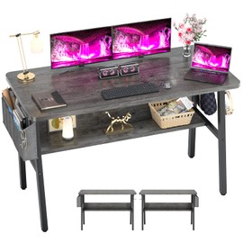 armocity Computer Desk, 55.2 Inch Modern Desk with Bookshelves, 55.2'' Office PC Laptop Table with Storage Bag, Grey Study Writing Desk with Iron Hooks, Sturdy Desk for Home Office Workstation, Gray
