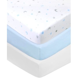 American Baby Company - Juego de 3 sábanas bajeras para cuna de 28 x 52 pulgadas, suave y transpirable neutro 100% algodón, estrellas azules/blanco