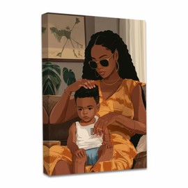 QIXIANG African American Mothers Pictures Wall Art Black Mother and Child Painting Prints Female Canvas Art Baby Room Decor Framed(Brown,18L x 12W)