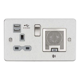 Knightsbridge FPR9905BCG FPR9905 Flat Plate 13A Socket, USB Chargers (2.4A) and Bluetooth Speaker, 230 V, Brushed Chrome