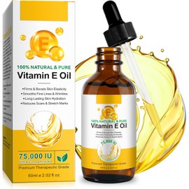 Organic Vitamin E Oil for Cosmetics - 75,000 IU Ultra Concentrated | 100% Natural & Pure Vitamin E Oil | Long-Lasting Skin Hydration & Reduces Scars & Stretch Marks | Vitamin E Oil Hexane-Free, Non-GMO, 2 fl oz
