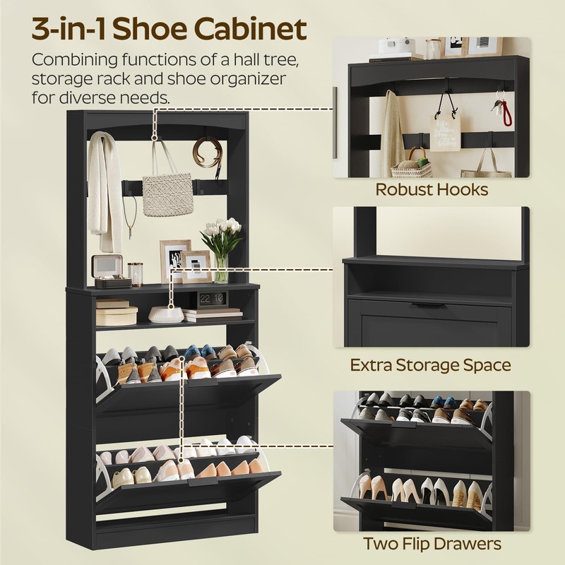 YATINEY Tall Shoe Cabinet with Flip Drawers and Coat Rack,