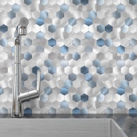BeNice Peel and Stick Backsplash Hexagon for Kitchen 3D Adhesive Metal Wall Tile Stickers 5pcs Blue