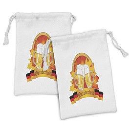 Lunarable Oktoberfest Fabric Pouch Set of 2, Beer Glass Autumn Leaves Season Parties Cheers Joyful Illustration, Small Drawstring Bag for Toiletries Masks and Favors, 9" x 6", Yellow Red