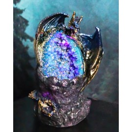 Blue Ice Dragon With Colorful LED Quartz Faux Geode Rock Crystal Cove Figurine