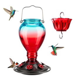 Kingsyard Glass Hummingbird Feeder - 6 Bee Guard Feeding Ports & Ant Moat, 24 oz Leak Proof, Wild Bird Feeder for Outdoors Hanging, Easy to Clean & Refill, Garden Yard Décor, Red & Blue
