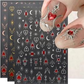 Retro Heart Star Moon Nail Art Stickers, 3D Bronzing Gold Silver Nail Stickers Star Nail Sticker Moon Nail Decals Self Adhsive Heart Stickers for Nails DIY Nail Designs Women Nail Supplies,6 Sheets