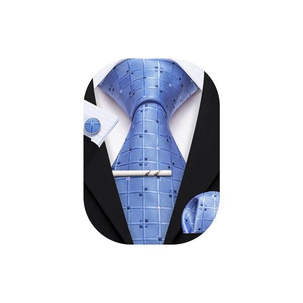 YOHOWA Blue Tie for Men with Tie Clip Plaid Silk