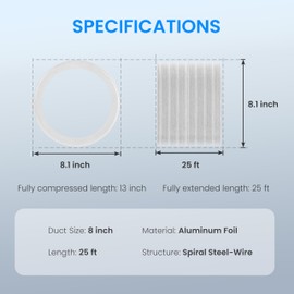 Simple Deluxe 8" 25 FT Non-Insulated Flexible Air Foil Ducting, Includes 2 Clamps for Dryer Exhaust Hoses, Heating, Cooling, Ventilation, Exhaust, Silver