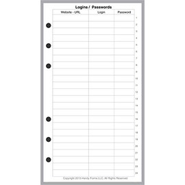 Personal Size Login Password List, Sized and Punched for Filofax Personal Notebook (3.7" x 6.75")