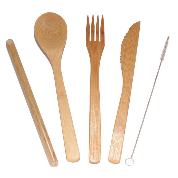BambooMN Bamboo Utensils - 2 Straws + 2 Forks +