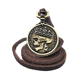 ODETOJOY Antique Brzone Leather Skull Necklace for Men Classic Coin Brown Genuine Leather Pendant Necklaces Steampunk Chunky Pendants Jewelry Women Choker (Antique Gold)