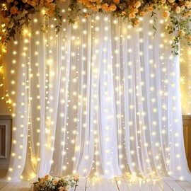 White Sheer Tulle Backdrop Curtains with Lights String for Party Wedding Wrinkle Free Curtain Backdrops Drapes for Baby Shower Birthday Party Photo Back Drop Background Home Decorations 10ft x 8ft