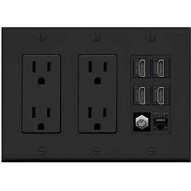 RiteAV 4 Port HDMI 1 Coax Cable TV- F-Type 1 Cat6 Ethernet Wall Plate - 3G Dual Outlet [Black/Black]