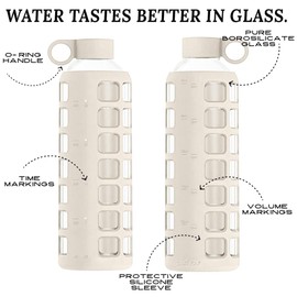 purifyou 40/32 / 22/12 oz Glass Water Bottles with Volume & Times to Drink, Extra Thick Silicone Sleeve, Reusable Bottle for Fridge Water Milk Juice (32oz Pearled Ivory)