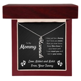 Baby Feet Heart Necklace Baby Gift Set To My Mommy Necklaces For Women Gifts for New Mom Baby Shower Gifts for Mom To Be Pregnancy Gifts for First Time Pregnant Moms Christmas Gift for Wife (Mahogany LED Box, Baby Bump Vertical Custom Name)