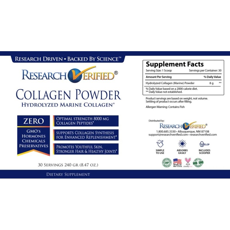 RESEARCH VERIFIED Collagen Powder Hydrolyzed Marine Collagen - 240 gr