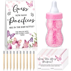 Roowest 512 Pcs Baby Shower Games Guess How Many Pacifiers Sign 100 Small Guessing Games 10 HB Pencils 750ml Milk Bottle 400 Acrylic Pacifiers Decoration for Guest Gender Reveal(Pink,Butterfly)