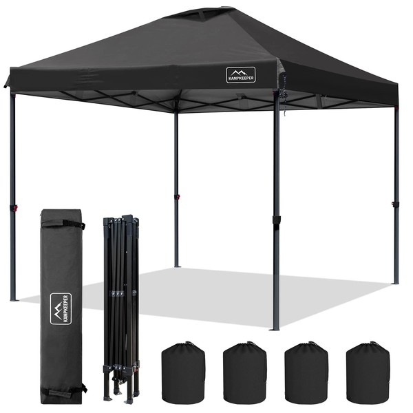 KAMPKEEPER Pop-up-Canopy-Tent-10'x10', Air Vent on The Top, 4 Sand Bags, UPF 50+ and Waterproof Shelter, 3 Adjustable Height with Wheeled Carrying Bag and 8 Stakes, Outdoor Instant Canopy(Black)