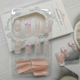 24Pcs Cute Press on Nails Medium Square Fake Nails with 3D Bow Charms Glue on Nails White French Tip False Nails Pink Coffin Acrylic Nails Bow Cross Tie Stick on Nails French Heart Artificial Nails