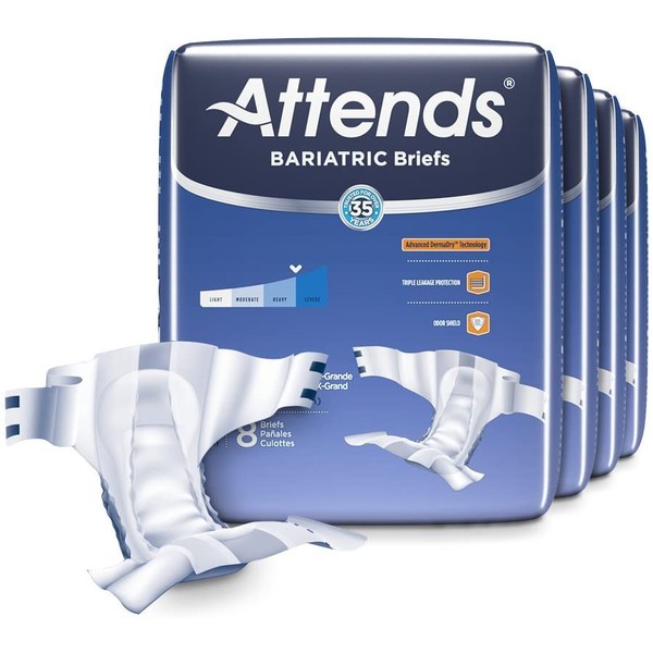 Attends Bariatric Briefs with Advanced DermaDry Technology for Adult Incontinence Care, XXX-Large, Unisex, 32 Count, White (DD60)