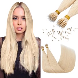 Elailite Nano Beads Hair Extensions Real Human Hair 50 Strands 35g Nano Rings Nano Tip Cold Fusion Remy Hair Straight (#60 Platinum Blonde, 20 Inch)