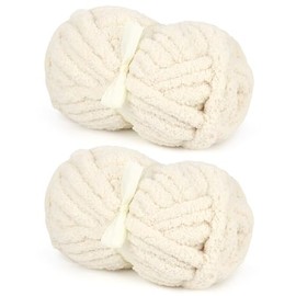 Cream Chunky Chenille Yarn for Easy Crocheting & Hand Arm Knitting, Super Bulky Soft Plush Warm Fluffy Yarn for Blankets, Large Thick Chenille Yarns for Beginners (2 PCS, 28yds/8oz Each)