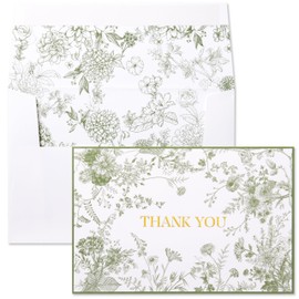 Crisky Green Floral Thank you cards Gold Foil Greeting Notes Bulk with Envelopes & Stickers (25 Pack) for Birthday, Baby Shower, Bridal Shower, Wedding, Graduation
