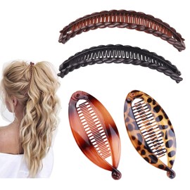 Ryaupy Pack of 4 Banana Clips, Non-Slip Ponytail Holder, French Vintage Fishtail Hair Clip, Clincher Combs for Long, Curly or Straight Hair, for Women and Girls