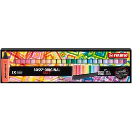 STABILO BOSS ORIGINAL ARTY – Set de 23 marcadores fluorescentes y pastel, punta biselada 2 mm/5 mm, tinta base agua, tecnología anti‑dry‑out 4 h, soporte de escritorio