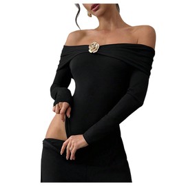 Floerns Women's 3D Floral Off Shoulder Bodysuit Long Sleeve Tummy Control Body Suits Black Large