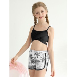 3 Pieces Girls Bikini Set with Shorts Cross Strap Adjustable Spaghetti Strap Beach Bathing Suit Swimwear