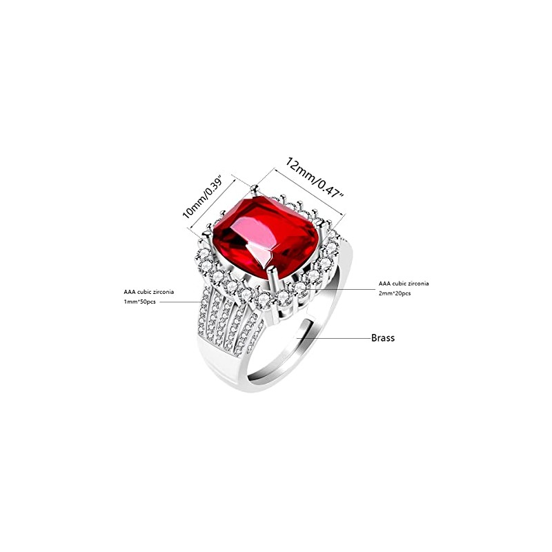 Uloveido White Gold Plated Cushion Cut Simulated Ruby Rings Adjustable,