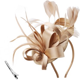 DRESHOW Fascinator Hats for Women Pillbox Hat with Veil Headband and a Forked Clip Tea Party Headpiece, 1 x ribbons fascinator hat: khaki