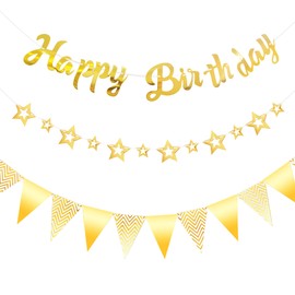CANREVEL 3 PCS Gold Happy Birthday Banners, Hanging Stars Garland and Pennant Banner Flags, Gold Party Decorations, Golden Birthday Party Supplies for Women Men Girls Boys Adults Kids
