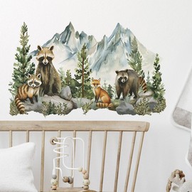 Mountain Tree Wall Decals Large Pine Tree Forest Animal Wall Stickers Deer Raccoon Bird Peel and Stick Wall Art Decals for Kids Room Classroom Nursery Bedroom Playroom Home Decor (Raccoon)